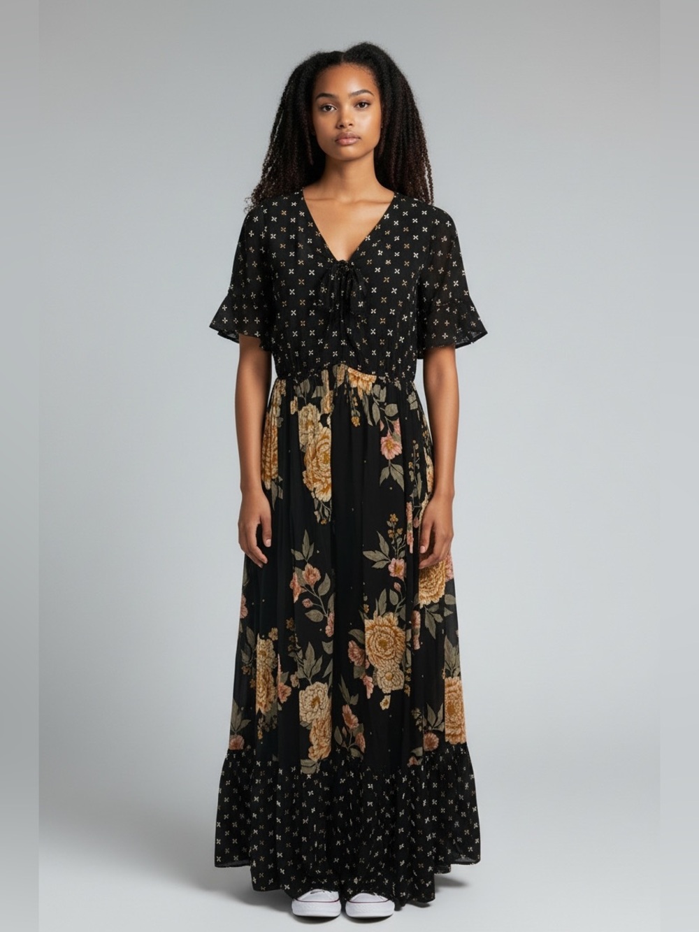 Altar'd State Black Floral Tie-Front Maxi Dress with Mustard Blooms